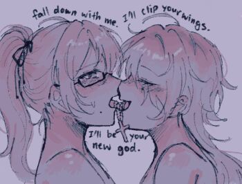 1boy 1girl bare_shoulders boo3eebig cross degrees_of_lewdity english_text glasses hetero jewelry kiss necklace player_character_(degrees_of_lewdity) sydney_(degrees_of_lewdity)