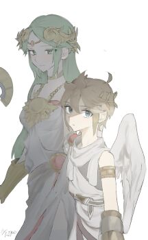 1boy 1girl ahoge ancient_greek_clothes angel angel_wings armlet belt blue_eyes brown_belt brown_hair check_commentary circlet closed_mouth commentary_request dress expressionless forehead_jewel gold_armlet greco-roman_clothes green_eyes green_hair hair_between_eyes halo height_difference highres jewelry kid_icarus kid_icarus_uprising laurel_crown long_hair neck_ring nintendo palutena pit_(kid_icarus) scarf shade short_hair sidelocks single_bare_shoulder smile spiked_hair traditional_halo white_background white_dress white_scarf white_wings wings yuuri_snpr