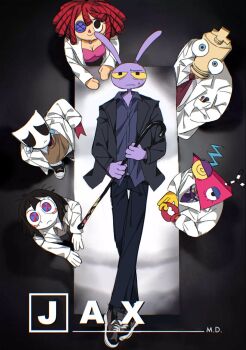 Rule 34 | 2boys, 4girls, animal ears, black background, black hair, black jacket, black pants, black shirt, breasts, brown sweater vest, cane, cleavage, colored skin, cosplay, crab claw, doctor, formal clothes, from below, full body, gangle (the amazing digital circus), gloves, gregory house, gregory house (cosplay), grey shoes, highres, holding, holding cane, house m.d., jacket, jax (the amazing digital circus), kinger (the amazing digital circus), looking at viewer, looking up, lying, multiple boys, multiple girls, necktie, on back, pants, pomni (the amazing digital circus), purple necktie, purple skin, rabbit boy, rabbit ears, ragatha (the amazing digital circus), red hair, red necktie, red ribbon, ribbon, rimrinkarizu, shirt, shoes, suit, sweater vest, the amazing digital circus, white gloves, white suit, yellow eyes, yellow gloves, zooble (the amazing digital circus)