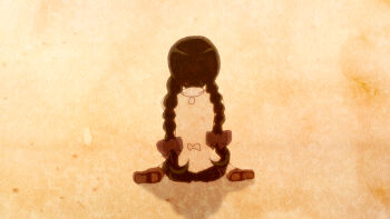 10s 1girl akemi_homura black_hair braid female_focus flashback from_behind long_hair mahou_shoujo_madoka_magica mahou_shoujo_madoka_magica_(anime) oka_(umanihiki) pleated_skirt school_uniform simple_background skirt solo spoilers twin_braids