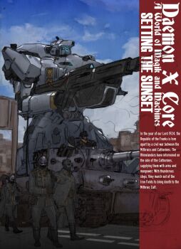 absurdres beam_rifle blue_sky caterpillar_tracks cloud copyright_request day energy_gun english_text glowing glowing_eyes hat highres mecha mechanization military military_hat military_vehicle ministerovvox motor_vehicle outdoors peaked_cap propaganda robot sky super_robot tagme tank weapon