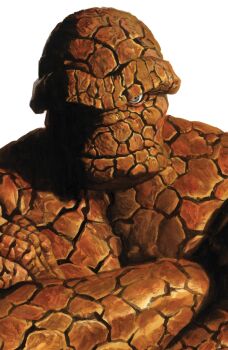 1boy absurdres alex_ross bald ben_grimm blue_eyes comic_cover cover cover_page crossed_arms fantastic_four highres looking_at_viewer male_focus marvel official_art one_eye_in_shadow realistic rock_skin solo topless_male upper_body western_comics_(style) white_background