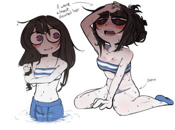 1girl bikini blue_eyes bottomless breasts brown_hair colored_skin commentary crop_top english_commentary highres long_hair medium_breasts multicolored_eyes navel pomni_(the_amazing_digital_circus) red_eyes stomach striped_bikini striped_clothes swimsuit teeth the_amazing_digital_circus two-tone_eyes wet yess_katfly