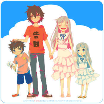 2boys 2girls age_comparison ano_hi_mita_hana_no_namae_wo_bokutachi_wa_mada_shiranai. black_hair blue_eyes blush commentary_request conoha dress full_body grey_hair headpat honma_meiko long_hair looking_at_another multiple_boys multiple_girls open_mouth shirt smile t-shirt time_paradox white_dress yadomi_jinta yellow_eyes