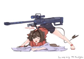 1girl absurdres ahoge anti-materiel_rifle ass between_buttocks black_shorts black_tail blue_archive brown_hair closed_eyes demon_horns full_body gun halo halo_(series) highres horns human_bipod jack-o'_challenge kasumi_(blue_archive) long_hair open_mouth red_halo red_shirt rifle shirt shorts simple_background smile sniper_rifle solo srs99 teoh_han_lin top-down_bottom-up weapon white_background