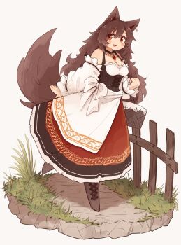 1girl adapted_costume animal_ears apron basket black_choker black_corset black_skirt blush boots breasts brown_boots brown_hair choker cleavage commentary_request corset dirndl elbow_carry fence full_body german_clothes grass grey_background highres holding holding_basket imaizumi_kagerou kaginoni long_hair long_skirt long_sleeves looking_at_viewer medium_breasts multicolored_skirt off-shoulder_shirt off_shoulder open_mouth path red_eyes red_skirt road shirt skirt smile solo tail touhou waist_apron walking white_apron white_shirt wolf_ears wolf_girl wolf_tail wooden_fence
