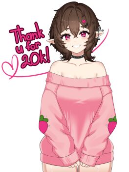 Rule 34 | 1girl, absurdres, bare shoulders, black choker, blush, breasts, brown hair, choker, collarbone, commentary, cowboy shot, crossed bangs, double-parted bangs, english commentary, food-themed hair ornament, grin, hair between eyes, hair ornament, heart, highres, long sleeves, looking at viewer, medium breasts, off-shoulder sweater, off shoulder, original, pink eyes, pink sweater, pointy ears, rainenleaf, short hair, simple background, smile, solo, spiked choker, spikes, strawberry hair ornament, sweater, thank you, white background