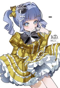 1girl black_bow black_bowtie black_nails bloomers blue_eyes blue_hair bone_hair_ornament bow bowtie cowboy_shot crown dress frilled_dress frilled_sleeves frills gold_bow gold_dress hair_bow hair_intakes hair_ornament hairclip highres jewelry juliet_sleeves kote1 long_sleeves looking_at_viewer mini_crown nail_polish official_alternate_costume puffy_sleeves ring simple_background skull_brooch smile solo twintails underwear virtual_youtuber vspo! white_background yano_kuromu yano_kuromu_(3rd_costume)