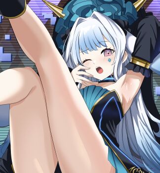 1girl aqua_hair arm_behind_head arm_up armpits bare_shoulders black_sleeves blue_dress blush checkered_background commentary detached_sleeves dress english_commentary gradient_hair hair_intakes highres legs legs_up long_hair long_sleeves looking_at_viewer maliss_<p>_march_hare multicolored_hair one_eye_closed open_mouth solo strapless strapless_dress synchroman very_long_hair white_hair yawning yu-gi-oh!