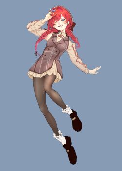 1girl absurdres alternate_costume ange_katrina arm_up black_pantyhose black_shoes blue_background blue_eyes blush braid breasts brown_dress brown_hat buttons collared_dress commentary_request double-breasted dress earrings frilled_sleeves frilled_socks frills full_body grin hair_intakes hair_over_shoulder hat heart highres holding jewelry lapels long_hair long_sleeves looking_at_viewer low_twin_braids nijisanji notched_lapels one_eye_closed pantyhose plaid_clothes plaid_dress red_hair shoes short_dress simple_background small_breasts smile so_yasu_sada socks solo swept_bangs twin_braids virtual_youtuber white_dress white_socks