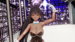 1girl 3d animal_ears animated ass ass_shake bare_shoulders black_hair black_leotard blue_archive blue_bow blue_bowtie bouncing_ass bouncing_breasts bow bowtie breasts cleavage collarbone cowboy_shot curvy dancing dark-skinned_female dark_skin detached_collar fake_animal_ears fishnets from_side gloves halo highleg highleg_leotard highres huge_ass karin_(blue_archive) karin_(bunny)_(blue_archive) large_breasts leotard long_hair looking_at_viewer mikumikudance_(medium) night night_sky playboy_bunny ponytail rabbit_ears shiny_clothes shiny_skin sideboob sidelocks sky sound tagme thong_leotard very_long_hair video white_gloves wide_hips wrist_cuffs yellow_eyes