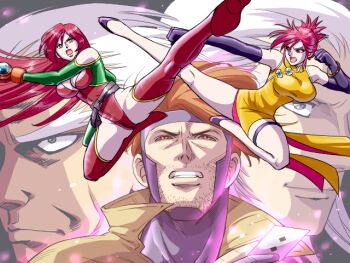 2girls 3boys akatsuki_blitzkampf aura bare_legs boots bracelet brown_eyes brown_hair card china_dress chinese_clothes clash clenched_teeth crossover dress elbow_gloves en-eins_kanzen_sekai energy fighting flying_kick fritz_(akatsuki_en-eins) gambit gloves green_eyes holding holding_card jewelry kicking looking_at_another looking_up m.u.g.e.n magaki_(kof) marilyn_sue marilyn_sue_dajie martial_arts marvel midair multicolored_bodysuit multiple_boys multiple_crossover multiple_girls mysterious_power_(touki_denshou) nana-2009 playing_card red_boots red_eyes red_hair strap teeth the_king_of_fighters thigh_boots touki_denshou:_angel_eyes two-tone_bodysuit white_hair x-men