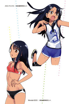 Rule 34 | 1girl, bikini tan, black hair, brown eyes, ear covers, hair ornament, hairclip, herikawakoishi, highres, ijiranaide nagatoro-san, knee pads, long hair, nagatoro hayase, navel, open mouth, shirt, shoes, shorts, sleeveless, sleeveless shirt, sports bikini, sports bra, sportswear, sweat, tan, tanline, volleyball uniform