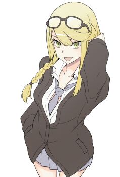 1girl ayu_(ddestiny944) black_shirt breasts commentary_request cowboy_shot digimon digimon_story:_time_stranger eyewear_on_head grey_necktie grey_skirt hand_in_pocket highres kuremi_kyouko medium_hair miniskirt necktie pleated_skirt shirt simple_background skirt solo white_background white_shirt