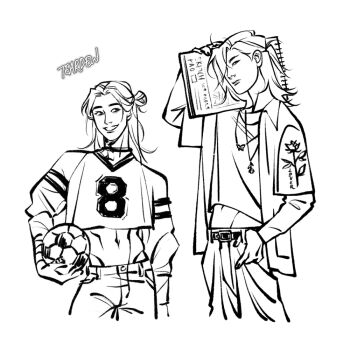 Rule 34 | 2boys, abs, alternate costume, alternate universe, ball, butterfly necklace, closed mouth, collared shirt, commentary, cowboy shot, curtained hair, english commentary, floral print, flower, flower necklace, frown, greyscale, groin tendon, hair bun, hair over one eye, hand on own hip, hand up, holding, holding ball, holding sketchbook, hua cheng, jacket, jersey, jewelry, layered sleeves, lineart, long hair, long sleeves, looking at viewer, male focus, monochrome, multiple boys, necklace, open mouth, pants, parted bangs, shirt, short over long sleeves, short sleeves, simple background, single hair bun, sketchbook, smile, soccer ball, teardew, tianguan cifu, white background, xie lian