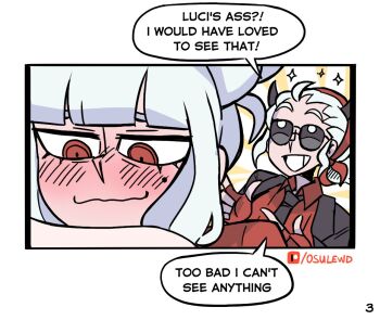 2girls artist_name black_horns black_jacket black_necktie blush collared_shirt demon_girl demon_horns english_text fingerless_gloves gloves helltaker horns jacket jacket_on_shoulders justice_(helltaker) lucifer_(helltaker) mole mole_under_eye multiple_girls necktie osulan red_eyes red_gloves red_shirt shirt smile sparkle speech_bubble sunglasses teeth white_hair white_horns