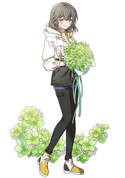 Rule 34 | 1girl, black pants, bouquet, brown hair, commentary request, cropped jacket, dreaminglum, final fantasy, final fantasy xiv, flower, full body, green eyes, green flower, grin, highres, holding, holding bouquet, jacket, knees together feet apart, korean commentary, looking at viewer, pants, shoes, short hair, simple background, smile, solo, sphene (ff14), standing, white background, white jacket, yellow shoes