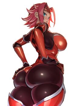 1girl absurdres ass back blue_eyes blush bodysuit breasts code_geass greatmosu hair_intakes hands_on_own_hips headband highres huge_ass kouzuki_kallen large_breasts looking_at_viewer looking_back open_mouth pink_hair red_bodysuit short_hair simple_background solo thick_thighs thighs white_background wide_hips