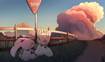 1boy 1girl ^_^ animal_ears blush_stickers cat_boy cat_ears chibikemo closed_eyes cloud commentary digitigrade doko_demo_issyo english_commentary fence food furry furry_female furry_male grass green_bag highres holding holding_food inoue_toro mihara_jun onigiri outdoors pink_fur rabbit_ears rabbit_girl rabbit_tail road_sign short_tail sign signature sitting sky stop_sign tail white_fur wolfaroon