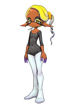 1girl arms_at_sides blonde_hair closed_mouth colored_inner_hair covered_erect_nipples covered_navel dark-skinned_female dark_skin dot_mouth expressionless flat_chest frye_(splatoon) full_body gradient_hair hair_ornament highres inkling koharu2.5 leotard long_hair long_pointy_ears looking_at_viewer multicolored_hair nintendo no_shoes pantyhose pointy_ears polka_dot polka_dot_hair purple_hair sideways_glance simple_background solo splatoon_(series) standing star-shaped_pupils star_(symbol) symbol-shaped_pupils three-quarter_sleeves white_background white_pantyhose wide_hips yellow_eyes yellow_pupils