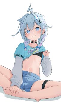 1girl absurdres ahoge badao bare_legs barefoot black_sports_bra blue_bow blue_eyes blue_hair blue_shirt blue_shorts bow braid choker collarbone commentary ear_piercing flat_chest grin hair_bow hair_ornament heart heart_o-ring highres hololive hololive_dev_is indian_style legs lifting_own_clothes lightning_ahoge long_hair long_sleeves looking_at_viewer low_twin_braids midriff mizumiya_su mizumiya_su_(1st_costume) multicolored_hair navel o-ring o-ring_choker o-ring_thigh_strap on_floor piercing purple_hair shirt shorts simple_background sitting smile solo sports_bra streaked_hair thigh_strap toenails toes twin_braids two-tone_hair virtual_youtuber white_background white_sleeves x_hair_ornament