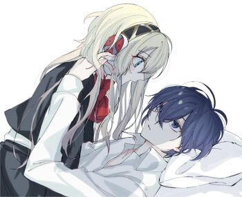 1boy 1girl aigis_(persona) alternate_hair_length alternate_hairstyle android antenna_hair aqua_eyes arm_up black_jacket black_skirt blonde_hair blue_hair bow commentary_request crossed_bangs dress_shirt gekkoukan_high_school_uniform girl_on_top gold_hairband hair_between_eyes hairband hand_in_another&#039;s_hair head_on_pillow hetero highres jacket long_hair looking_at_another lying on_back on_bed open_clothes open_shirt parted_lips persona persona_3 pillow red_bow robot_ears sakizome school_uniform shirt short_hair simple_background skirt upper_body white_background white_shirt yuuki_makoto_(persona_3)