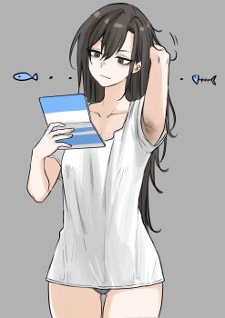 1girl absurdres armpit_hair armpits bags_under_eyes black_eyes black_hair commentary_request fuku_(fuku12290574) highres long_hair no_pants original panties panty_peek simple_background solo underwear