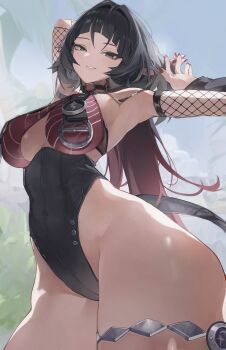 1girl absurdres animal_ears armpits arms_up black_hair black_one-piece_swimsuit breasts choker fishnet_sleeves fishnets green_eyes highres jane_doe_(nocturne_of_light)_(zenless_zone_zero) jane_doe_(zenless_zone_zero) large_breasts leather_leotard long_hair looking_at_viewer megu_(jim48834420) mouse_ears mouse_girl mouse_tail nail_polish o-ring o-ring_choker o-ring_swimsuit official_alternate_costume one-piece_swimsuit parted_lips red_nails solo swimsuit tail thighs two-tone_one-piece_swimsuit zenless_zone_zero