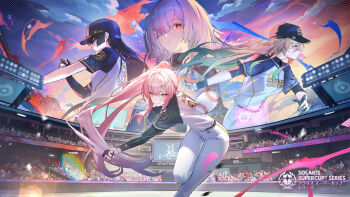 4girls aemeath_(wuthering_waves) baseball_cap baseball_helmet baseball_uniform black_hair blowing_bubble_gum breasts chewing_gum chisa_(wuthering_waves) closed_mouth commentary_request earrings ggoc_ill gloves guest_art hair_ornament hat helmet highres jewelry logo long_hair looking_at_viewer lynae_(wuthering_waves) medium_breasts mornye_(wuthering_waves) multiple_girls official_art pants pink_hair pitching ponytail red_eyes second-party_source shirt smile sportswear stadium star_(symbol) star_earrings very_long_hair white_gloves white_pants white_shirt wuthering_waves