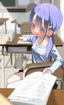 1girl :d absurdres black_skirt blush breasts chair classroom collarbone commentary_request desk hair_ornament hayakawa_sena_(pei_iriya) highres indoors loli long_hair long_sleeves looking_at_viewer miniskirt open_mouth original paid_reward_available pei_iriya pleated_skirt purple_eyes school_desk shirt sitting skirt sleeves_past_wrists small_breasts smile solo_focus twintails white_shirt