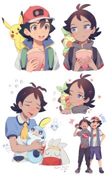 +++ 2boys :d absurdres ash_ketchum black_hair blue_jacket brown_eyes busraknongkai commentary_request gen_8_pokemon goh_(pokemon) grey_shirt grookey hat heart highres holding holding_pokemon jacket male_focus multiple_boys musical_note nintendo open_mouth pokemon pokemon_(anime) pokemon_(creature) pokemon_journeys raboot school_uniform shirt short_hair sleeveless sleeveless_jacket smile sobble t-shirt teeth tongue trembling upper_teeth_only vermilion_city_school_uniform white_shirt