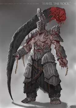 armor blood chain club_(weapon) dark_souls_(series) dragon&#039;s_tooth_(dark_souls) fantasy fromsoftware havel_the_rock helmet highres holding holding_weapon masked sanekyle shoulder_armor weapon