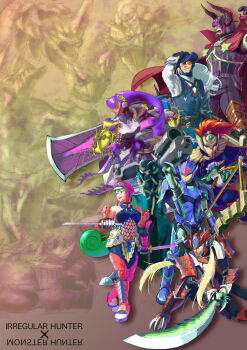 2girls 5boys adapted_costume android armor arrow_(projectile) axl_(mega_man) bare_shoulders belt blonde_hair blue_eyes boots bow_(weapon) breasts buttons capcom cape choker commentary_request crossover dual_wielding dynamo_(mega_man) fake_horns fishnets full_body gammoth_(armor) gloves glowing glowing_eye glowing_eyes glowing_weapon goggles goggles_on_headwear gore_magala_(armor) green_hair gun hair_between_eyes hand_on_headwear hand_on_own_head hat headgear helmet highres holding holding_bow_(weapon) holding_sword holding_weapon horned_helmet horns hudy8358 huge_weapon japanese_armor jewelry joints katana large_breasts layer_(mega_man) long_coat long_hair looking_to_the_side marino_(mega_man) mechanical_hands mega_man_(series) mega_man_x8 mega_man_x:_command_mission mega_man_x_(series) midriff mizutsune_(armor) monster_hunter_(series) monster_hunter_xx multiple_belts multiple_boys multiple_girls nargacuga_(armor) navel necklace open_mouth rathalos_(armor) red_eyes rhopessa_(armor) robot_joints serious sheath shield shoulder_armor shoulder_cannon shoulder_pads shoulder_spikes sigma_(mega_man) silver_hair single_mechanical_hand smile sode spiked_armor spikes standing sword tooth_necklace very_long_hair vile_(mega_man) weapon x_(mega_man) zero_(mega_man)