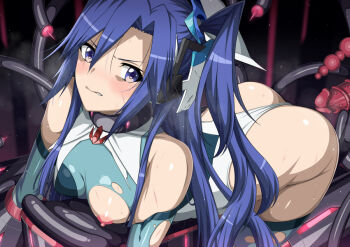 1girl all_fours ass blue_hair blue_leotard breasts clothing_aside covered_erect_nipples glaring horosuke imminent_penetration immobilization kazanari_tsubasa leotard leotard_aside long_hair machine nipples purple_eyes restrained senki_zesshou_symphogear sex_machine shiny_skin side_ponytail solo stationary_restraints sweat torn_clothes torn_leotard