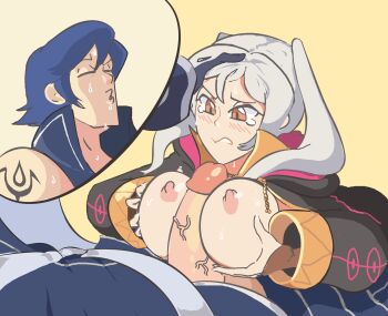 1boy 1girl birthmark blue_hair blush breasts breasts_out breasts_squeezed_together bridal_gauntlets closed_eyes davewaterfalls female_robin_(fire_emblem) fire_emblem fire_emblem_awakening forced_paizuri hand_on_another&#039;s_head large_breasts nintendo nipples paizuri penis robe sweat tears twintails white_hair yellow_eyes