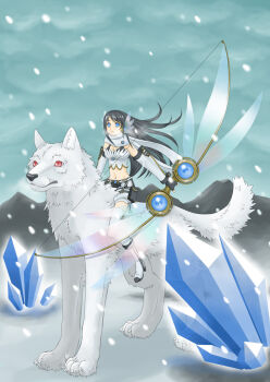 1girl alternate_color black_gloves black_hair blue_eyes blue_gemstone blue_sky boots bow_(weapon) bra_strap breasts closed_mouth cloud cloudy_sky commentary_request crystal day expressionless fingerless_gloves full_body gem gloves holding holding_bow_(weapon) holding_weapon medium_breasts midriff navel overcast ragnarok_online ranger_(ragnarok_online) riding scarf shorts sitting sky snowing solo sorainu_c strapless thighhighs tube_top weapon white_boots white_scarf white_shorts white_thighhighs white_tube_top wolf