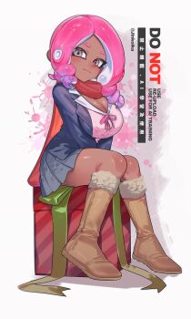 1girl between_legs blazer blue_jacket boots box breasts brown_boots cleavage closed_mouth commentary dark-skinned_female dark_skin full_body fur-trimmed_boots fur_trim gift gift_box grey_eyes grey_skirt hand_between_legs highres jacket jinkoika knee_boots large_breasts long_sleeves looking_at_viewer medium_hair neck_ribbon nintendo octoling octoling_girl octoling_player_character on_box open_clothes open_jacket parted_bangs pink_hair pink_ribbon pink_shirt pleated_skirt red_scarf ribbon scarf shirt sitting sitting_on_box skirt smile solo splatoon_(series) symbol-only_commentary tentacle_hair
