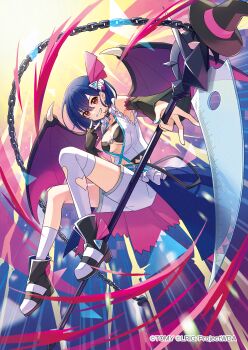 Rule 34 | black bra, black shoes, blue hair, bra, breasts, commentary request, copyright notice, demon girl, demon wings, highres, holding, holding scythe, medium breasts, medium hair, official art, peron (niki2ki884), red eyes, scythe, shirt, shoes, shorts, underwear, white shirt, white shorts, wings, wixoss