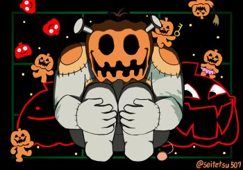 Rule 34 | 1boy, 6+others, artist name, black eyes, black hair, commentary, deltarune, duster, hand on another's shoulder, holding, holding duster, holding key, hugging own legs, jack-o'-lantern, jackenstein (deltarune), key, kiyo-giana, mixed-language commentary, multiple others, nail (hardware), no pupils, patchwork skin, pink skirt, pumpkin, sitting, skirt, smile, standing, standing on one leg, tutu, utdr (toby fox)