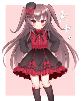 1girl amagumo26 black_dress black_hat blush brown_hair brown_socks closed_mouth dress eyebrows_hidden_by_hair hands_on_own_hips hat highres long_hair looking_at_viewer mini_hat original red_dress red_eyes smile smug socks solo two-tone_dress