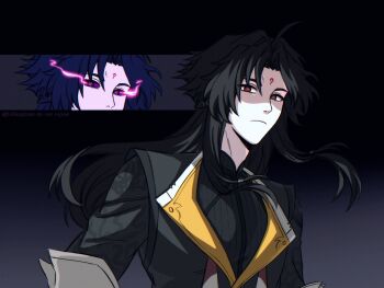 1boy ahoge black_hair black_jacket black_sclera chinese_clothes closed_mouth colored_sclera commentary dark_background english_commentary eye_trail facial_mark forehead_mark highres jacket kairusha light_trail long_hair looking_at_viewer male_focus parted_bangs purple_eyes red_eyes solo transformation upper_body ye_shiyuan zenless_zone_zero