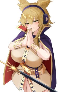 1girl absurdres belt blonde_hair bracelet breasts cape commentary_request dress earphones hair_between_eyes highres jewelry large_breasts looking_at_viewer medium_hair nail_polish own_hands_together palms_together panties panty_peek parted_lips pointy_hair purple_cape purple_panties shinonome_zakuro sleeveless sleeveless_dress smile solo sword thighs touhou toyosatomimi_no_miko underwear weapon white_background yellow_dress yellow_eyes yellow_nails