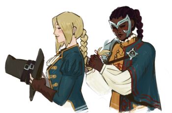 armor ascot black_hair blonde_hair blush braid braiding_another's_hair commentary darkest_dungeon darkest_dungeon_ii duelist_(darkest_dungeon) english_commentary gloves graverobber_(darkest_dungeon) hat highres long_hair mole mole_above_mouth perepecha shoulder_armor simple_background single_braid white_background