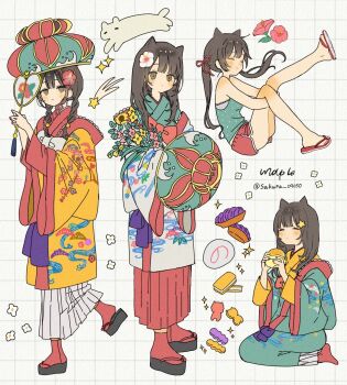 1girl animal_ears brown_eyes brown_hair cat_ears chinsukou commentary concept_art eating floating_animal floral_print flower food furisode grid_background hair_ornament hakama hakama_skirt hanagasa hand_fan hibiscus highres holding holding_fan holding_flower japanese_clothes kimono maple_(abc2215) multiple_views okinawa original pastry reference_sheet ryuusou sandals sata_andagi sitting skirt star_(symbol) star_hair_ornament twintails yukata