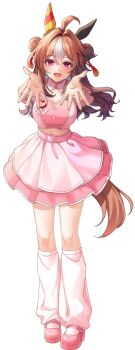 1girl ahoge animal_ears blush breasts brown_hair clothing_cutout commentary_request copano_rickey_(umamusume) cropped_shirt double_bun ear_covers full_body hair_between_eyes hair_bun highres horse_ears horse_girl horse_tail layered_skirt long_hair looking_at_viewer loose_socks medium_breasts meni_shuki_rush-sshu! mismatched_ear_covers multicolored_hair open_mouth outstretched_arms pink_shirt pink_shoes pink_skirt pink_socks purple_eyes reaching reaching_towards_viewer rukinya_(nyanko_mogumogu) shirt shoes shoulder_cutout simple_background skirt smile socks solo tail umamusume white_background white_hair