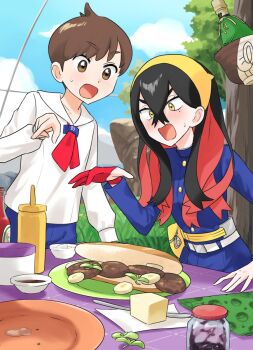 1boy 1girl black_hair blue_jacket blush bottle brown_eyes brown_hair butter butter_knife carmine_(pokemon) cloud commentary_request crossed_bangs day florian_(pokemon) food gloves jacket knife long_hair long_sleeves mole mole_under_eye momoji_(momoemomoe204) multicolored_hair nintendo open_mouth outdoors partially_fingerless_gloves pointing pokemon pokemon_(creature) pokemon_sv red_gloves sandwich single_glove sinistcha sky sweat table yellow_bag yellow_eyes