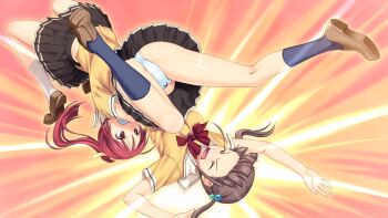 2girls bow bow_panties breasts brown_eyes brown_hair clenched_teeth eyes_closed german_suplex hair_bobbles hair_ornament hairline highres kneehighs koigakubo_chihaya koutaro loafers midriff multiple_girls open_mouth panties pleated_skirt ponytail red_hair school_uniform serafuku shirt shoes short_sleeves skirt socks suplex suzukaze_hotaru teeth tropical_vacation twintails underwear upside-down upskirt white_legwear white_panties