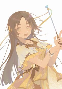 Rule 34 | 1girl, :d, bead bracelet, beads, blunt ends, bow, bracelet, brown bow, brown hair, capelet, chinese commentary, commentary request, dress, fortissimo, gakuen idolmaster, hair ornament, highres, holding, holding wand, idolmaster, jewelry, kuramoto china, long hair, looking at viewer, musical note, musical note hair ornament, open mouth, parted bangs, simple background, smile, solo, striped clothes, striped dress, upper body, virno, wand, white background, white capelet, yellow dress, yellow eyes