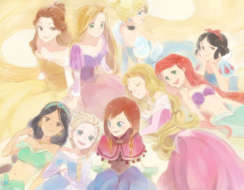 6+girls aladdin_(movie) anna_(frozen) ariel_(disney) aurora_(disney) beauty_and_the_beast_(disney) belle_(disney) black_hair blonde_hair bow brown_hair cinderella_(disney_character) cinderella_(disney_movie) disney_princess dress elsa_(frozen) frozen_(disney) hair_ornament jasmine_(disney) looking_at_viewer multiple_girls open_mouth puffy_sleeves rapunzel_(disney) short_hair sleeping_beauty_(disney) snow_white_(disney) snow_white_and_the_seven_dwarfs_(disney) sou_(tuhut) tangled the_little_mermaid_(disney)
