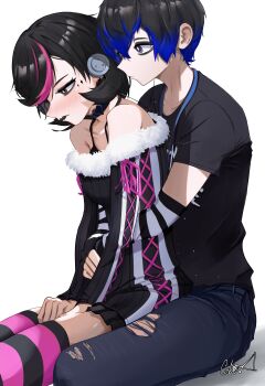 1boy 1girl absurdres alternate_costume alternate_hair_color arms_around_waist bare_shoulders black_choker black_hair black_lips black_shirt black_sweater blue_hair blue_pants blush bra_strap brown_eyes cebe choker closed_mouth collarbone commentary couple cross-laced_clothes cross-laced_sleeves cross-laced_sweater denim earphones earrings elbow_gloves facial_mark fingerless_gloves flipped_hair from_side fur-trimmed_sweater fur_trim gloves goth_fashion gradient_hair grey_eyes halterneck heart heart_choker hetero highres hug hug_from_behind jeans jewelry long_sleeves multicolored_hair off-shoulder_sweater off_shoulder pants persona persona_3 persona_3_reload pink_hair pink_thighhighs profile shared_earphones shirt short_hair short_sleeves signature sitting sitting_between_lap sitting_on_lap sitting_on_person striped_clothes striped_gloves striped_thighhighs stud_earrings sweater takeba_yukari thighhighs torn_clothes torn_pants two-tone_hair white_background yuuki_makoto_(persona_3)